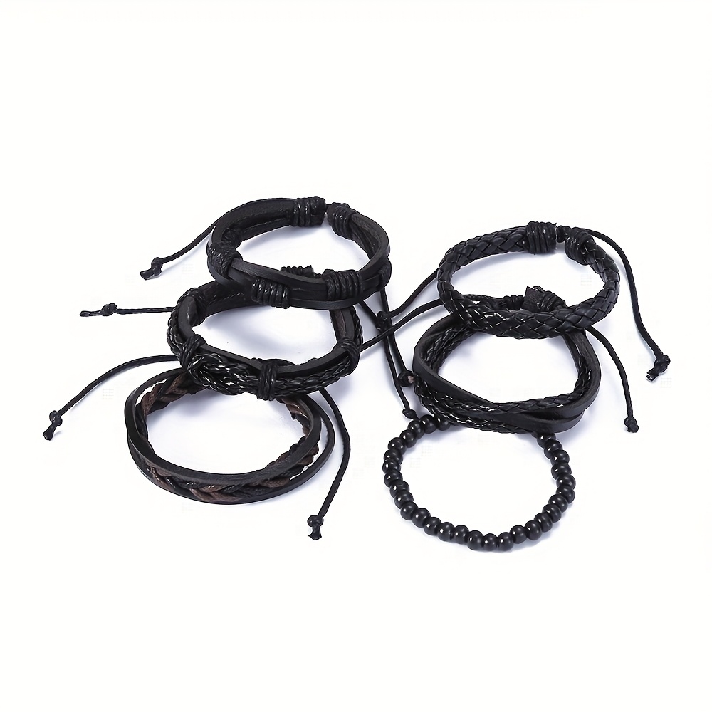 6pcs Vintage Faux Leather Braided Wristbands Set for Men